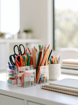 Student desk organization minimal white stationery pencil scissor notebook classroom Student desk organization minimal white stationery display with pencil, scissor, notebook, cup, paper clip