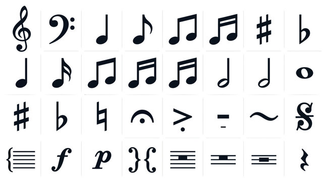Collection of Musical Notes, Symbols, and Notation Elements on White Background