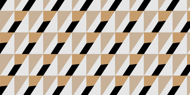 Geometric seamless pattern with 3D isometric triangles. Modern abstract background in beige, black, and white. Minimalist vector texture for textile design.
