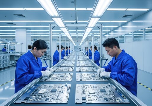 Blue lab coats appear along a high-tech assembly belt where intricate circuit boards are precisely inspected inside a bright modern factory, assembly line, cleanroom, microchip