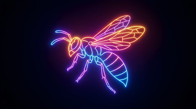 Glowing neon wasp insect illustration on black background with colorful, electric