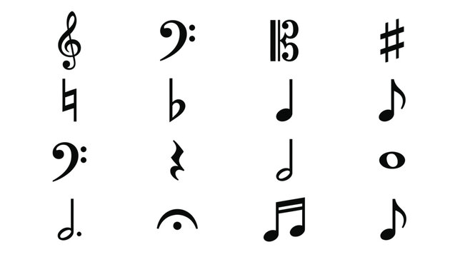 Collection of Musical Notes and Symbols on White Background