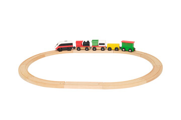 Colorful wooden toy train on circular rail tracks. Educational game for toddler development and creative childhood play. Miniature locomotive set on transparent background. Isolated object. © Андрей Журавлев
