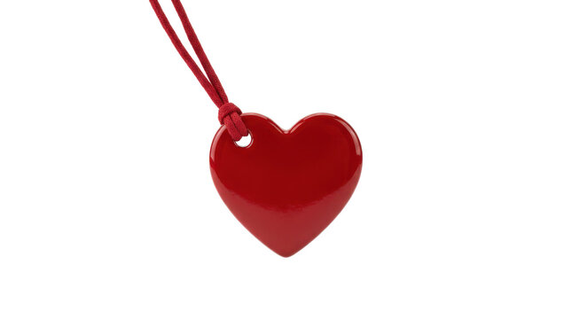 Glossy red heart pendant on red string, isolated on transparent background