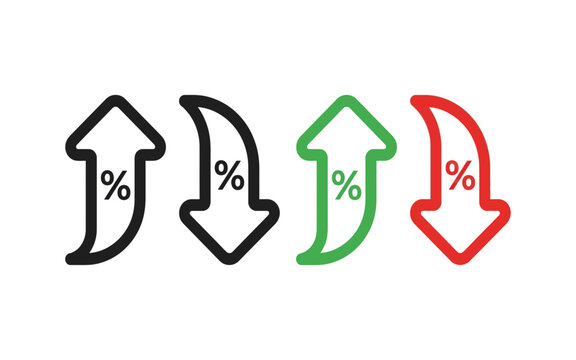 Four colorful arrows with percentage signs indicating financial growth and decline trends