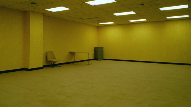 Growth potential in an empty hybrid work office space with yellow walls, carpet, desk, chair, and filing cabinet