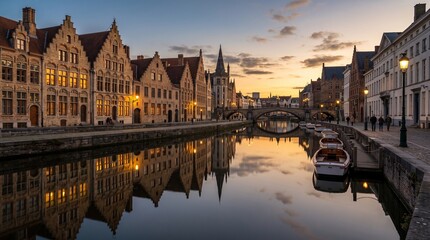Fototapeta premium Historic Bruges canal at sunset with reflections of buildings and boats
