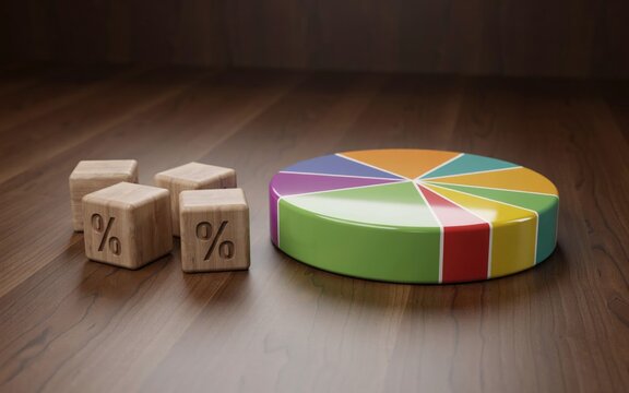 Colorful 3D pie chart on dark wood surface, wooden blocks with percentage symbols, financial data visualization and business analytics concept