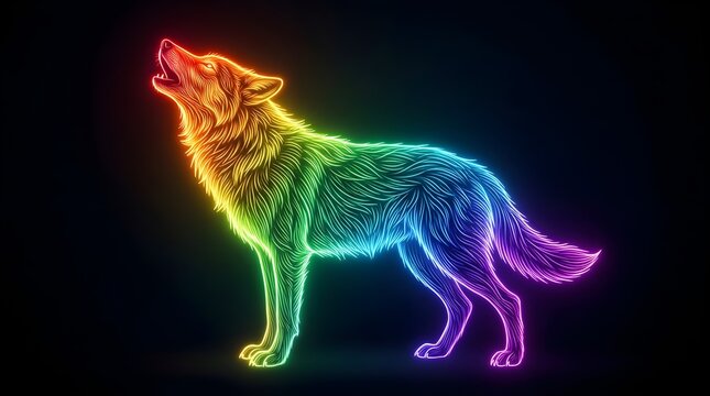 Rainbow neon wolf howling glowing animal shape dark background with background