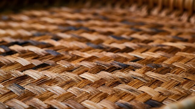 Close up of woven reed basket surface showing natural fibers and textured pattern under warm lighting