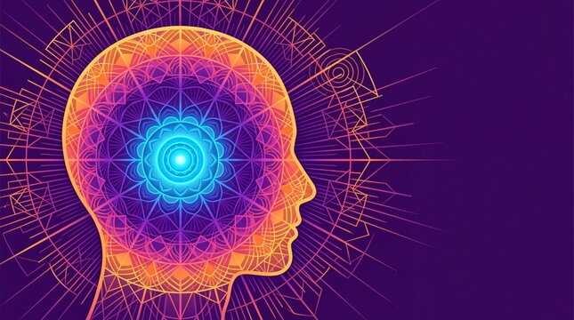 Psychedelic human profile with glowing mandala brain. Spiritual consciousness and mental health concept. Vibrant purple and orange cosmic energy illustration.