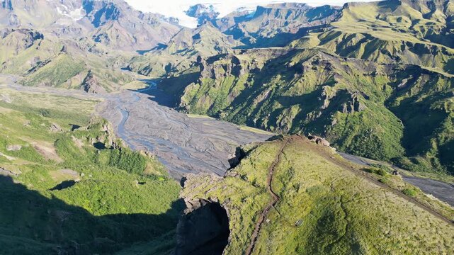 Scenic aerial view of &THORN;&oacute;rsm&ouml;rk (Thorsmork) valley in Iceland.