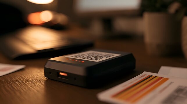 A compact black QR code scanner rests on a wooden desk under warm ambient lighting with blurred background elements