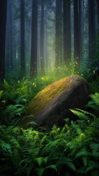 A serene forest scene featuring a moss-covered rock illuminated by soft, golden light