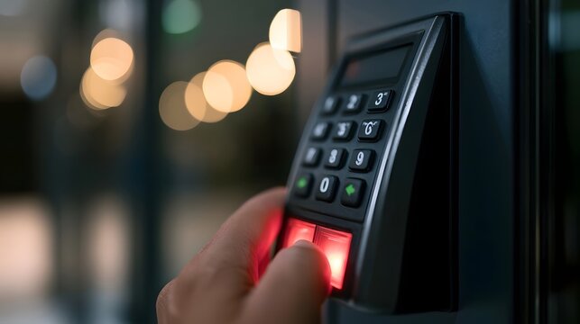 A hand presses a red button on a black numeric keypad mounted on a dark surface under warm ambient lighting