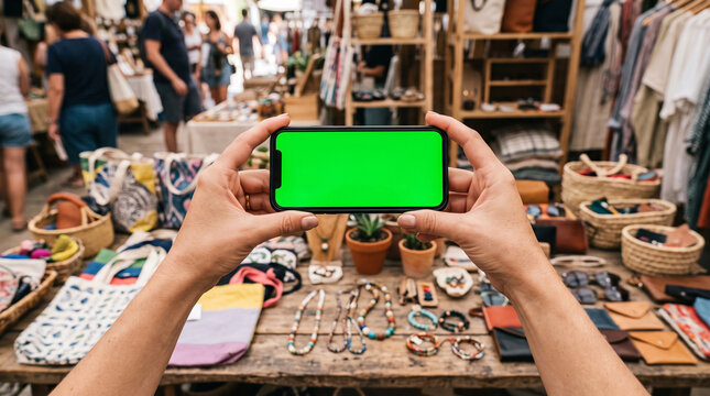 Hands holding a smartphone with a green screen over a market stall displaying handmade jewelry and bags