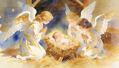 Fototapeta premium Watercolor illustration of angels praying beside a newborn baby in a straw manger. Nativity scene symbolizing faith, protection, hope, and Christmas celebration.