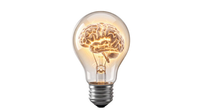 Glowing human brain inside light bulb, creative intelligence and innovation concept, bright idea and mental power metaphor isolated PNG with Transparent Background