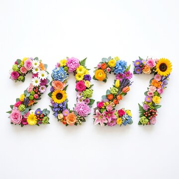Floral number 2027 composition crafted with multicolored spring blossoms on a clean white background, representing festive New Year greetings and seasonal celebration design concepts.