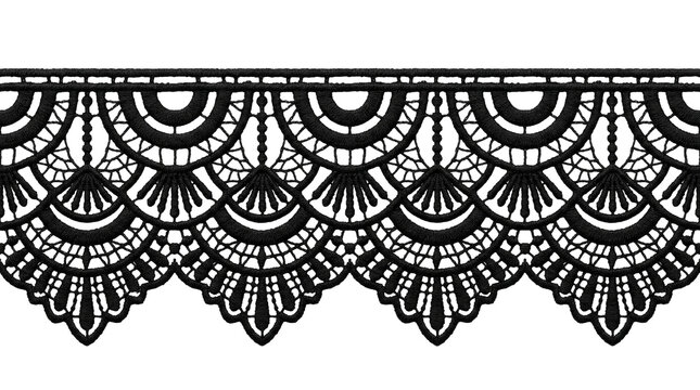 Vintage black lace border, elegant floral crochet trim pattern, decorative scalloped lace ribbon for wedding invitations and craft design