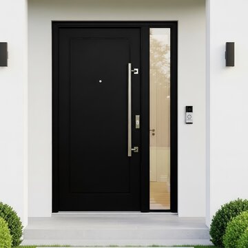 A luxurious large home features a contemporary single black fiberglass entry door with a vertical glass sidelite and a matching doorbell, privacy, detail, frame