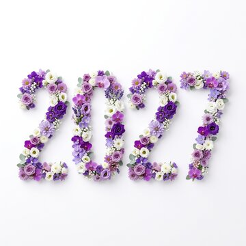 Year 2027 written with purple and white flowers on a clean background, floral typography, new year concept.