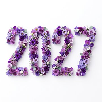 Number 2027 decorated with blooming purple spring flowers representing festive New Year celebrations, showcasing elegant botanical design for seasonal greeting cards and banners.