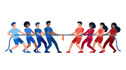 Fototapeta premium Diverse teams in tug of war competition on white background