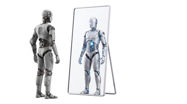 Futuristic humanoid robot looking in mirror, artificial intelligence self awareness concept, metallic android reflection isolated PNG with Transparent Background