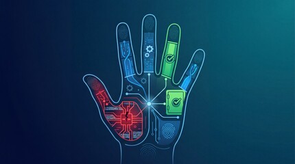 Naklejka premium Futuristic biometric hand scan with digital interface, glowing cybernetic palm with circuit lines, high-tech security authentication concept illustration