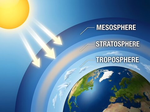 Detailed illustration of earths atmospheric layers including mesosphere stratosphere and troposphere with sunlight