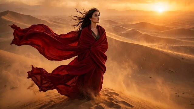 Beautiful female standing amid vast desert sand dunes, wrapped in a dramatic flowing red fabric blowing fiercely in the dusty wind under a striking golden sunset, conveying power and