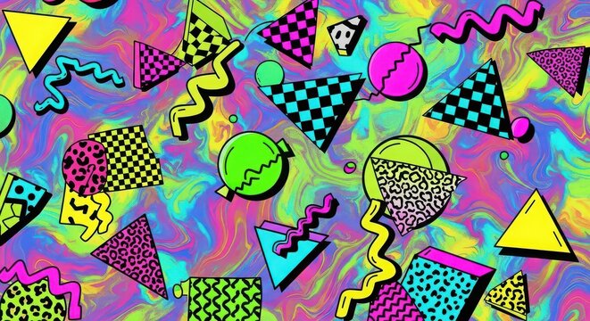 Vibrant retro pattern with geometric shapes, squiggles, and bright colors.