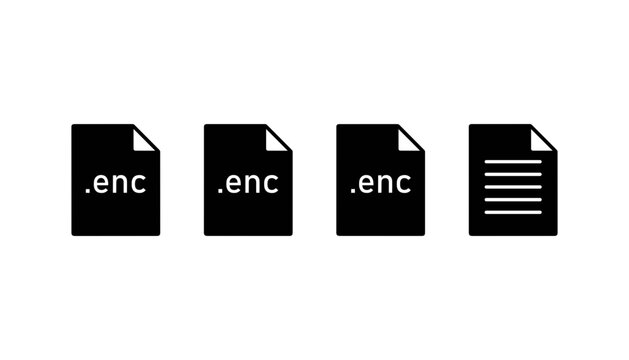 Encrypted document file extension format icons showing solid black pages with dot enc label for security storage (17 words)