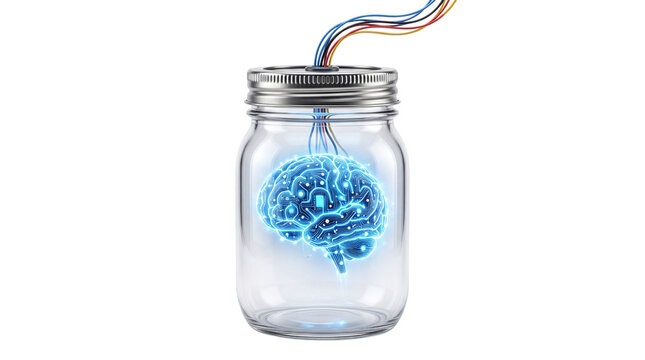 Futuristic glowing digital brain in glass jar with data cables, artificial intelligence concept, neural network technology isolated PNG with Transparent Background