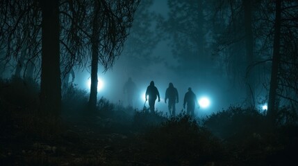 Naklejka premium Three shadowy figures walking through dark foggy forest at night with bright eerie lights creating spooky atmosphere and mysterious silhouette shapes