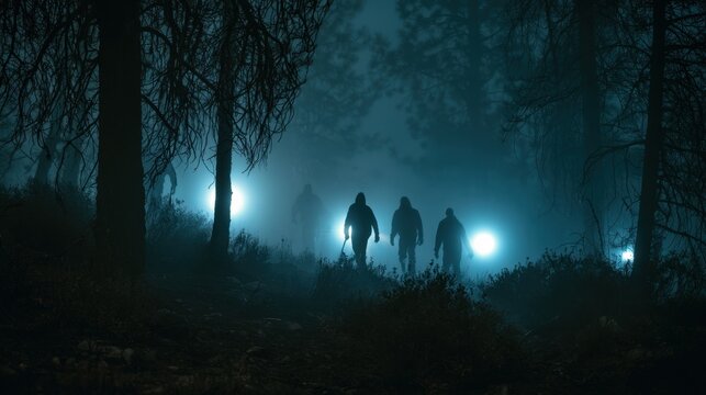 Three shadowy figures walking through dark foggy forest at night with bright eerie lights creating spooky atmosphere and mysterious silhouette shapes