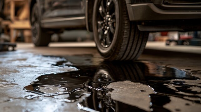 Close-up of black liquid oil spill on concrete floor beneath a car tire in a garage or workshop environment