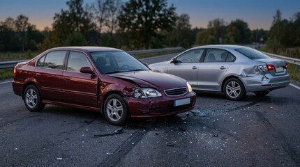 Naklejka premium Two vehicles involved in a collision showing significant front end damage and potential injuries