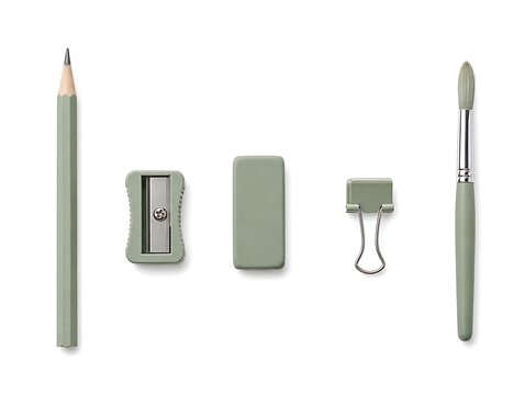 A set of sage green stationery including a pencil, sharpener, eraser, binder clip, and paintbrush on a plain white background surface