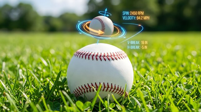 Baseball analytics overlay showing pitch spin and velocity on grass field