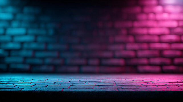 Vibrant Neon Lights Reflected on Dark Surface Against Colorful Brick Wall Background