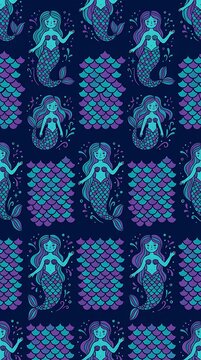 Seamless pattern with cute mermaids and teal fish scales on navy
