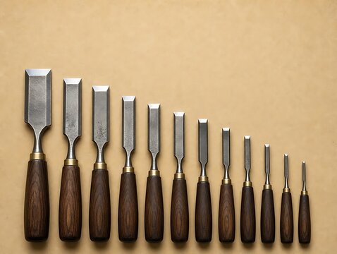 A set of twelve woodworking chisels with dark wooden handles and steel blades arranged in a row by size on a light brown textured background