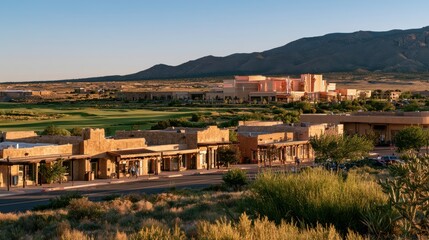 Obraz premium Bernalillo, New Mexico: Southwestern town with a golf course and a nearby casino at golden hour