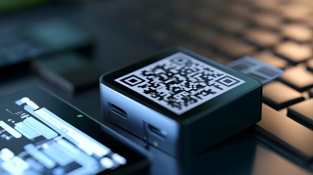 A compact QR code reader sits on a desk beside a tablet and keyboard  showing digital connectivity in modern office setup