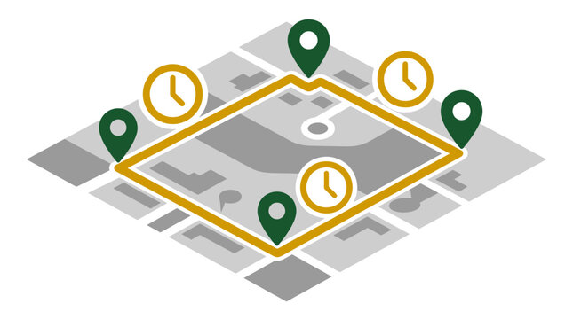 Isometric city map with location pins and delivery time clocks