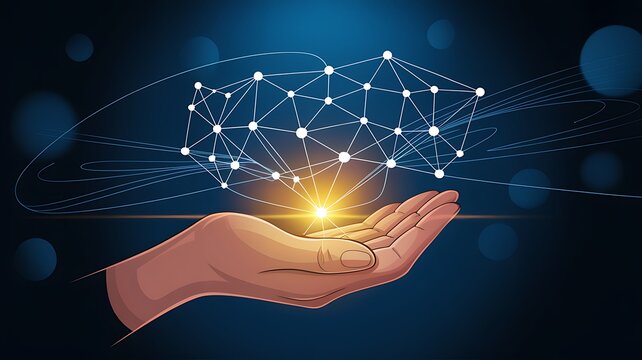 Human hand holding glowing digital network structure against dark blue abstract background