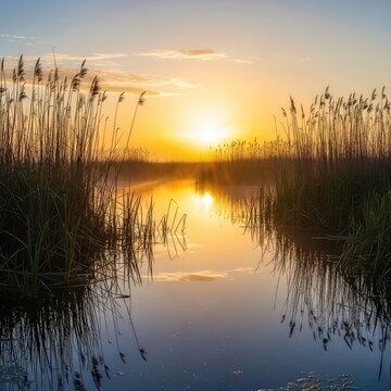 A serene fen landscape at dawn featuring tall reeds, calm marsh water reflecting a golden sky, and a gentle mist rising over the wetlands, outdoor, environment, landscape