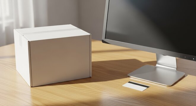 A single cardboard box sits on a clean wooden office desk next to an unplugged monitor and a blank security access card in morning light, screen, card, badge